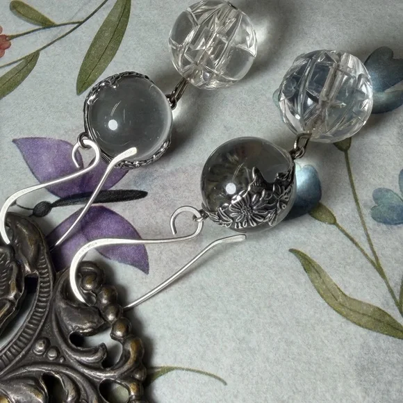 Vintage Sterling Silver Rock Quartz Crystal Pools Of Light Earrings